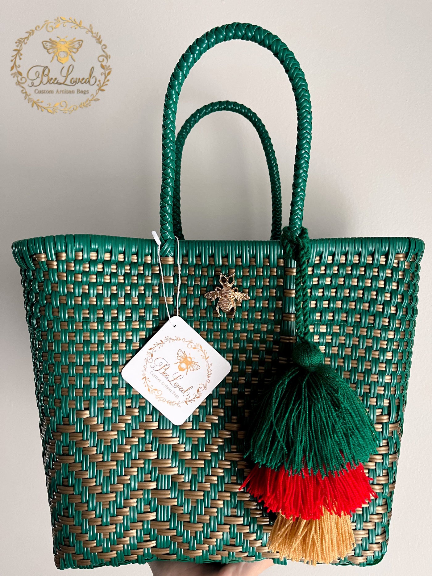 BeeLoved Custom Artisan Bags and Gifts Handbags Small Green and Gold Chevron Small Beech Bag