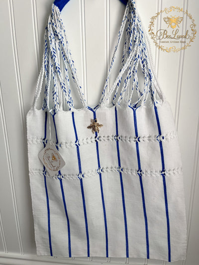 BeeLoved Custom Artisan Bags and Gifts Blue Striped Fabric Tote Bag