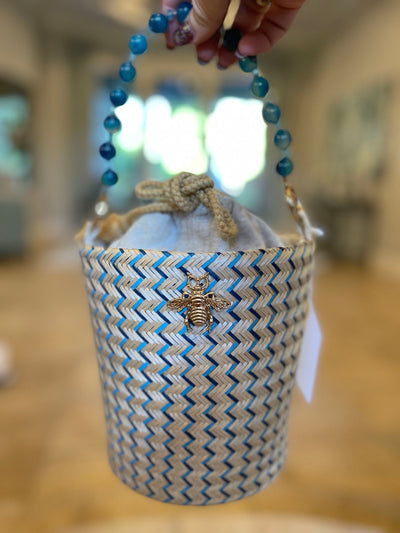 BeeLoved Custom Artisan Bags and Gifts Handbags Blue and Natural Bucket Bag with Bead Handle
