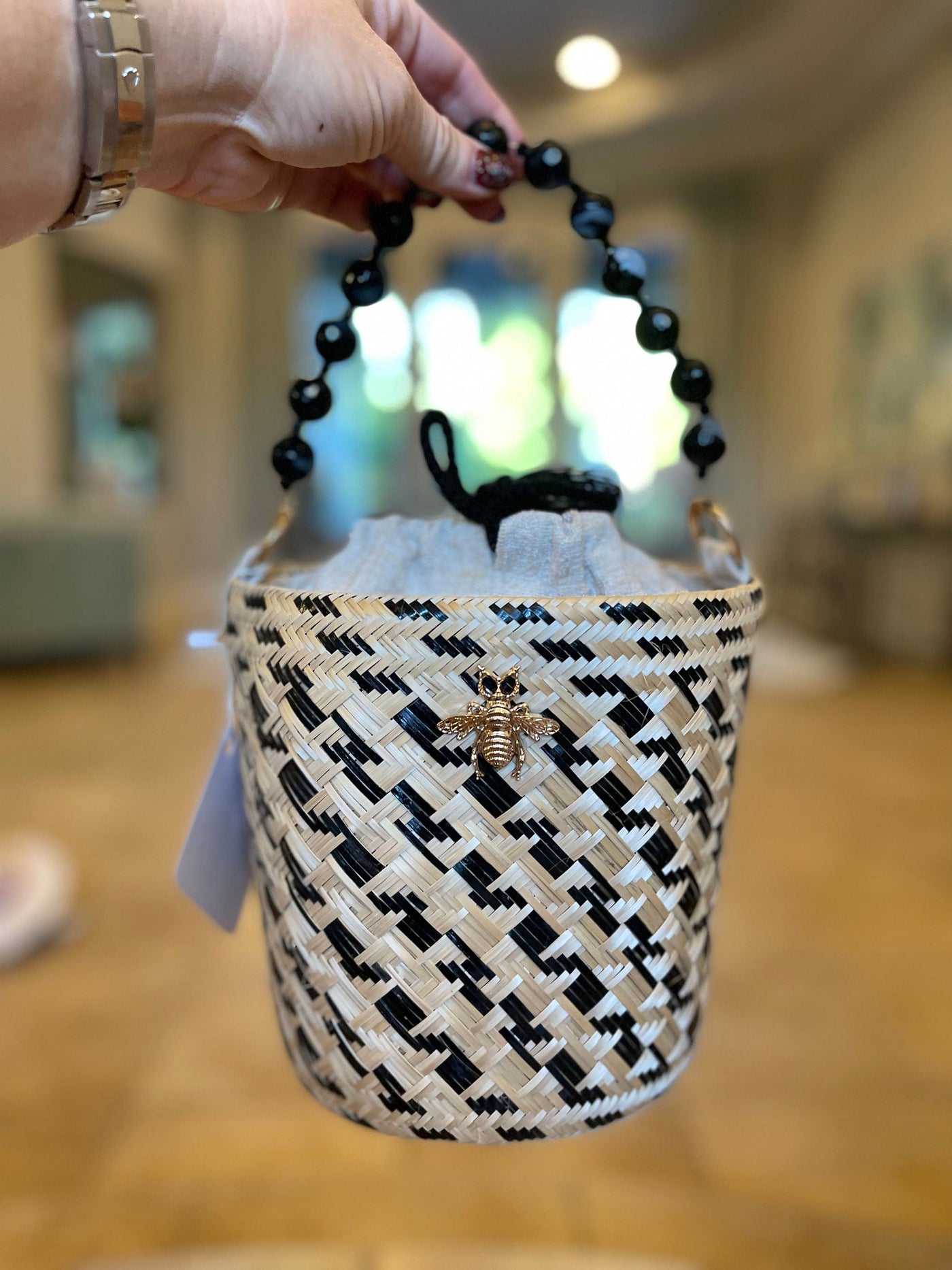 BeeLoved Custom Artisan Bags and Gifts Handbags Black and Natural Bucket Bag with Bead Handle