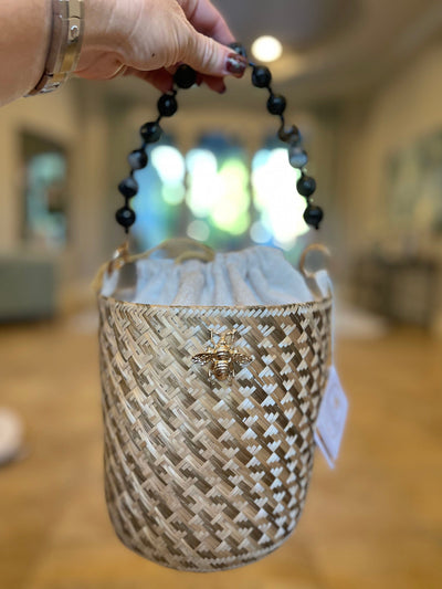 BeeLoved Custom Artisan Bags and Gifts Handbags Gold and Natural Bucket Bag with Bead Handle