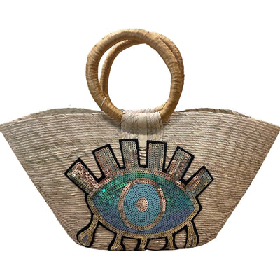 BeeLoved Custom Artisan Bags and Gifts Handbags Gold and Blue Gold and Blue Evil Eye Palm Tote