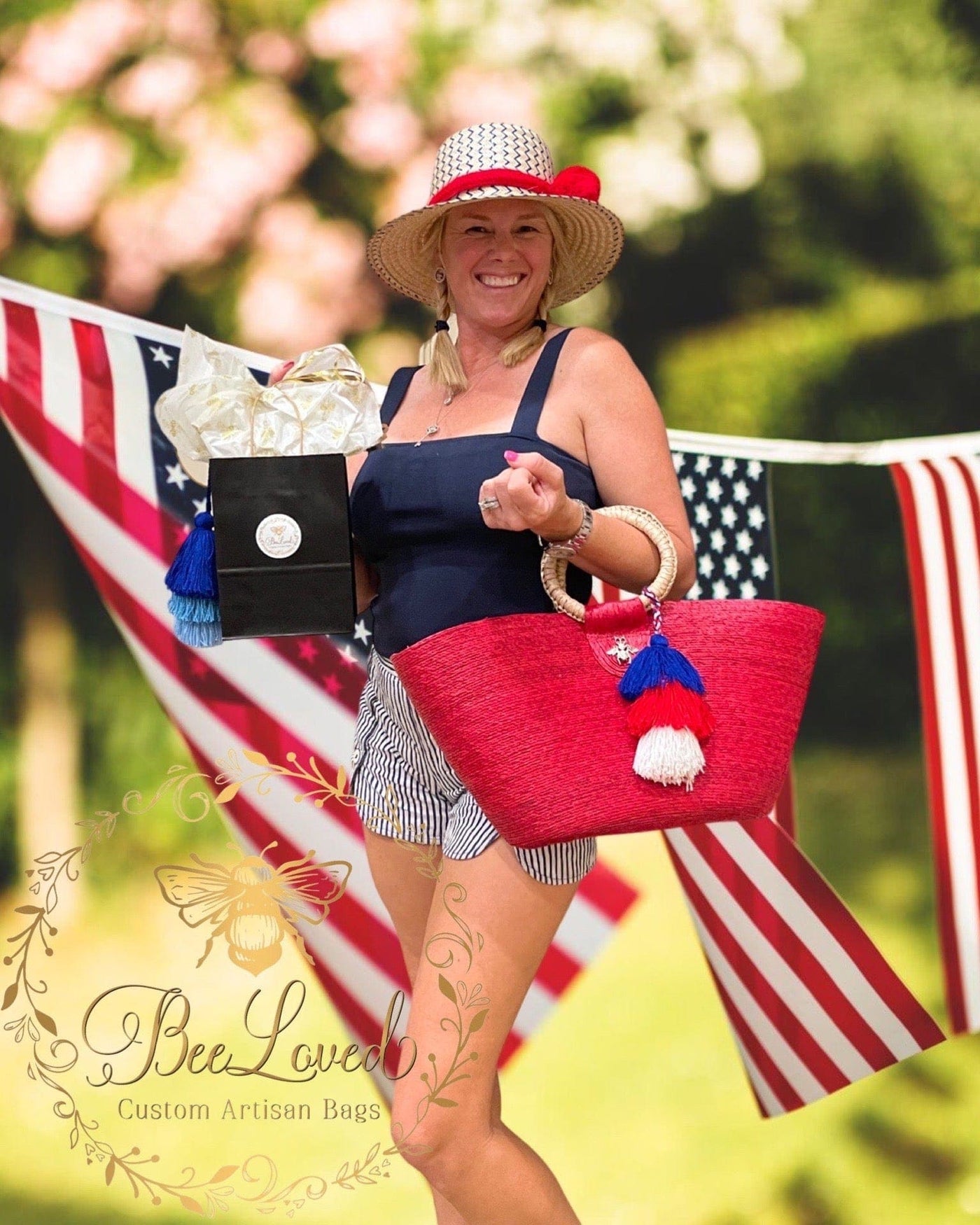BeeLoved Custom Artisan Bags and Gifts Handbags Red Stripe Red Stripe Palm Tote